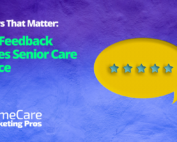 A quote bubble with stars represents senior care reviews.